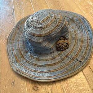 Mango Bay Womens Wide Brim Cotton Sun Hat with Decorative Rosette - Blue and Tan